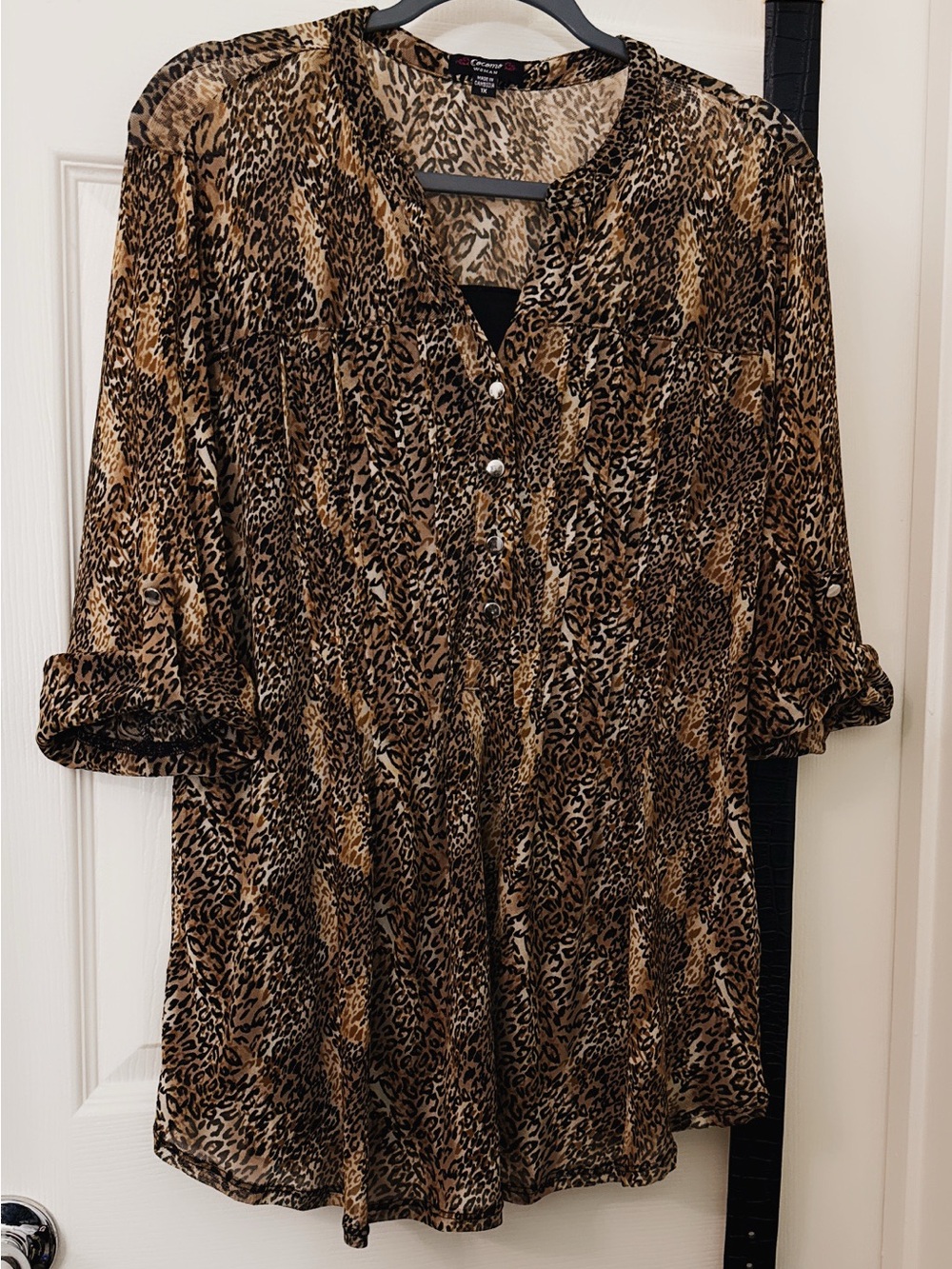 NWOT Womens Brown Animal Print Button-Front mesh Blouse